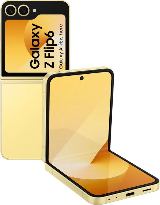 Gouden Samsung Galaxy Z Flip6, deels opengeklapt, met gesloten achterkant waarop 'Galaxy Z Flip6' staat.