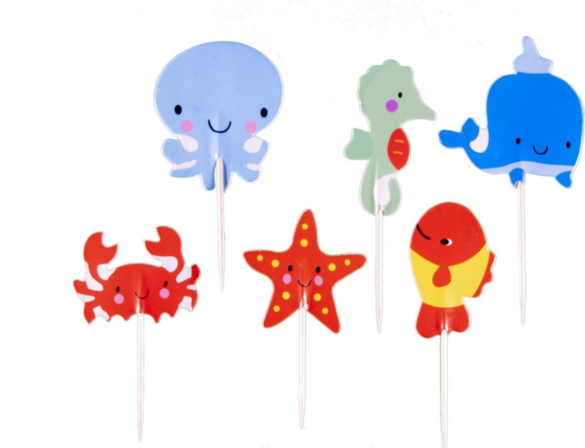 Zeediertjes | 24 stuks | cocktail prikker | cupcake decoratie | prikkers met versiering | taartversiering