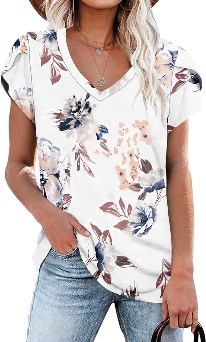 PLOKNRD Zomers T-shirt met Korte Mouwen voor Dames Elegante Top Casual Dagelijks Klassiek Shirt Causal Printing V Neck Top Shirt Petal Sleeves Wit