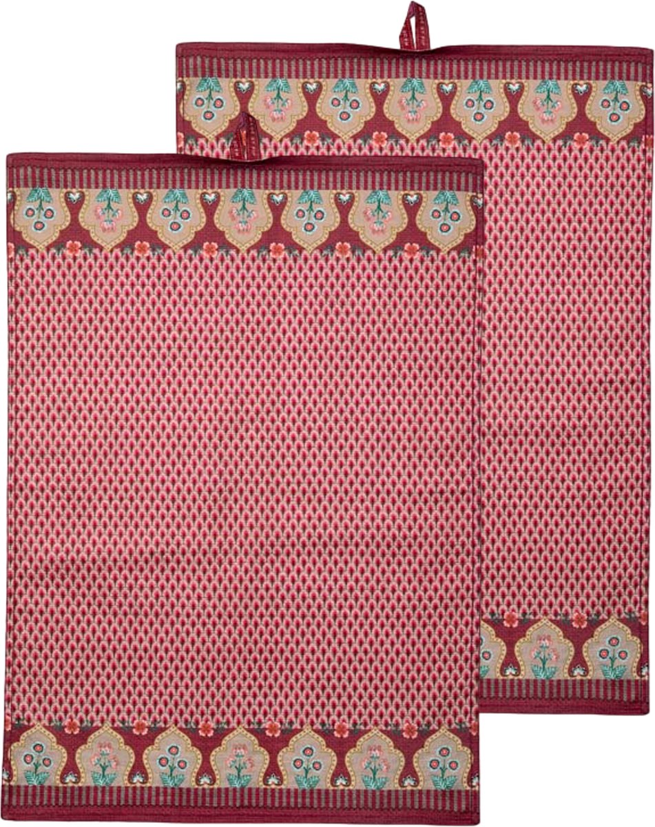 Pip Studio Flower Festival Scallop Theedoeken Donker Roze Katoen Set van 2 50x70cm