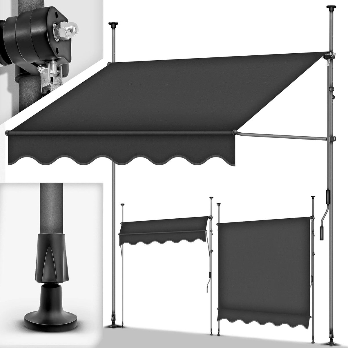 Tillvex Klemluifel 250 cm antraciet met handslinger voor balkon balkonluifel zonder boren luifel uv-bestendig en in hoogte verstelbaar zonwering waterdicht
