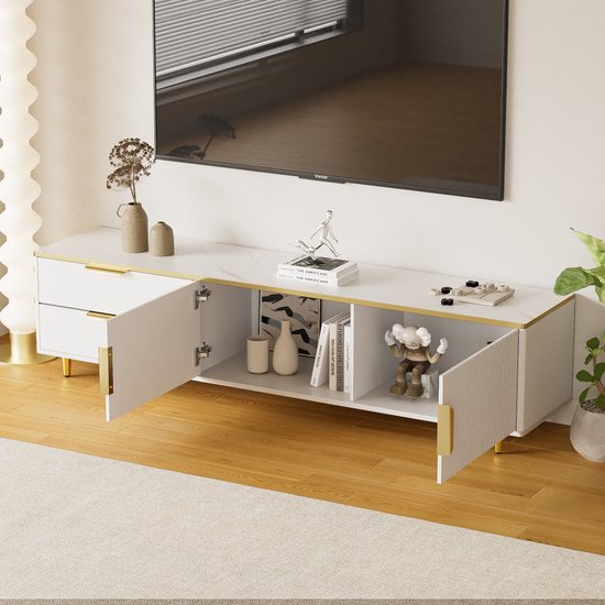 Witte Sweiko Hoogglans TV Kast Met Glazen Planken, Twee Lades En Twee Deuren Lowboard Met Multi Color Led Lichteffecten