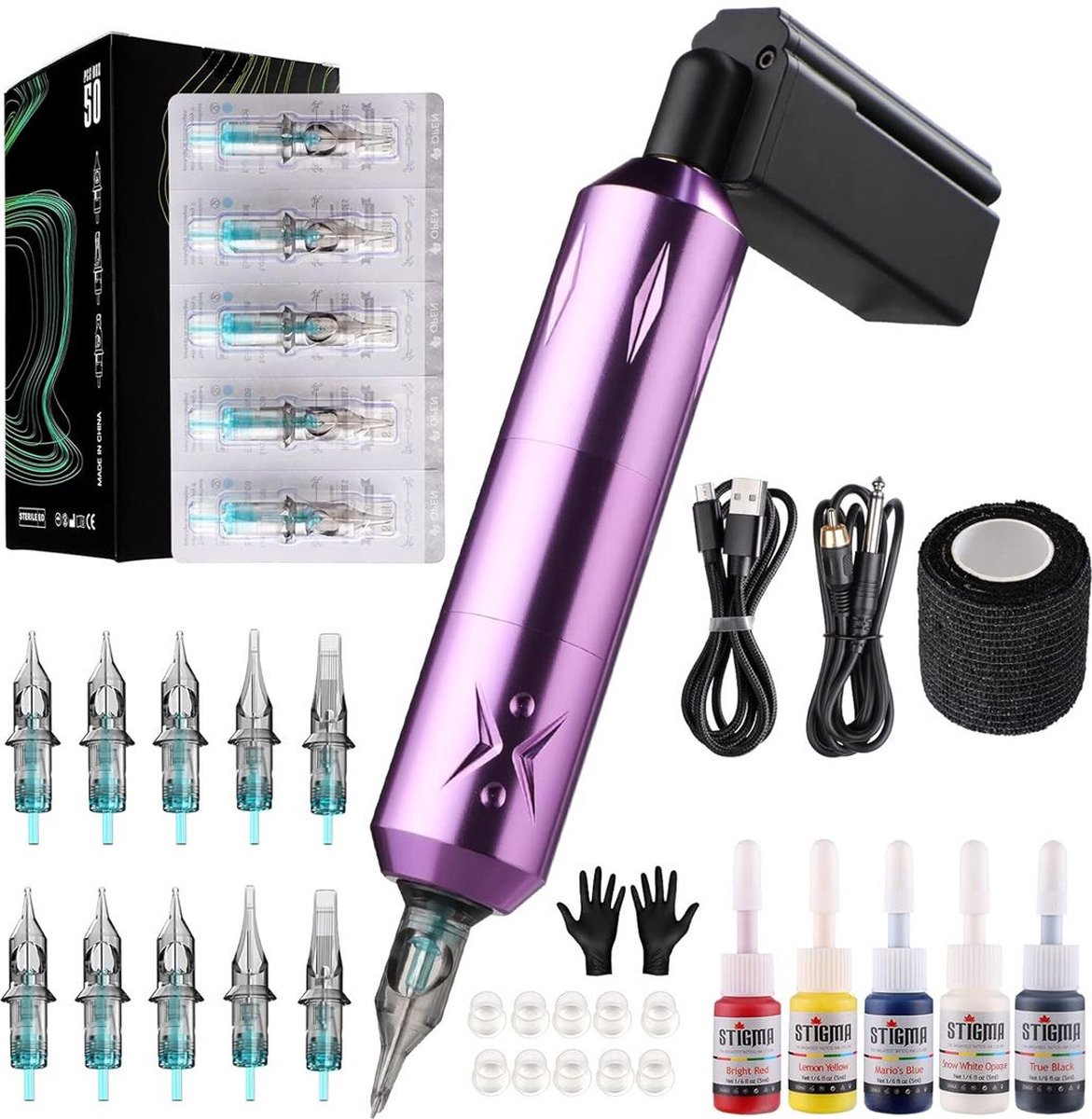 Tattoo Machine met Accessoires - Tattoo Machines Draadloos - Tattoo Set Inclusief Inkt en Naalden - Tattoo Kit - Voor Professionals en Beginners - Top Kwaliteit - Lila Paars