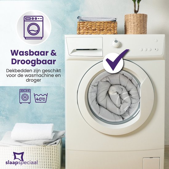 Wit zomerdekbed van Slaapspeciaal in een wasmachine, met een vinkje. Iconen voor 'wasbaar & droogbaar' en '40°C'.