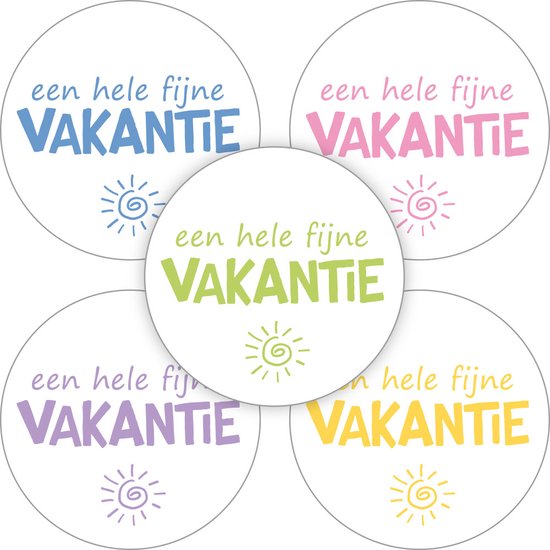 Sluitsticker – Fijne vakantie – Sticker – Sluitzegel – 5 assorti – Wit en kleuren – Afscheid – Einde schooljaar | School – Traktatiezakje | Cadeau – Gift – Cadeauzakje – Traktatie – Kado – Stickers | Chique inpakken – Label | DH collection