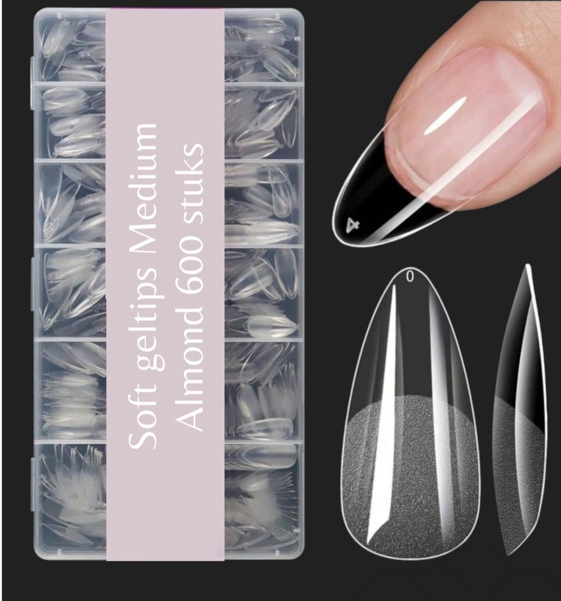Goedkoopste Soft Geltips Medium Frosted Almond nagel tips Full Cover - Nepnagels met Lijm- plaknagels met lijm - Medium Almond gel nails - 600 stuks in Doos- transparant- Frosted - 100 soak-off - Almond Nails - Almond Nagels - almond nagel tips