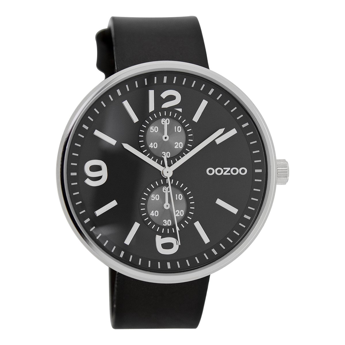 OOZOO Timepieces - Zilverkleurige horloge met zwarte leren band - C7079