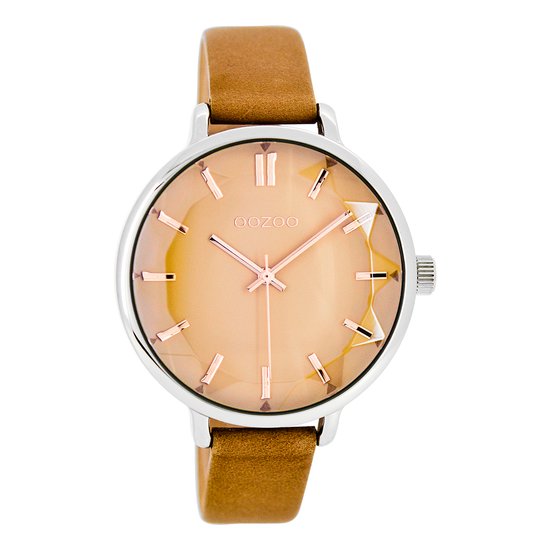 OOZOO Timepieces - Zilverkleurige horloge met bruine leren band - C7917