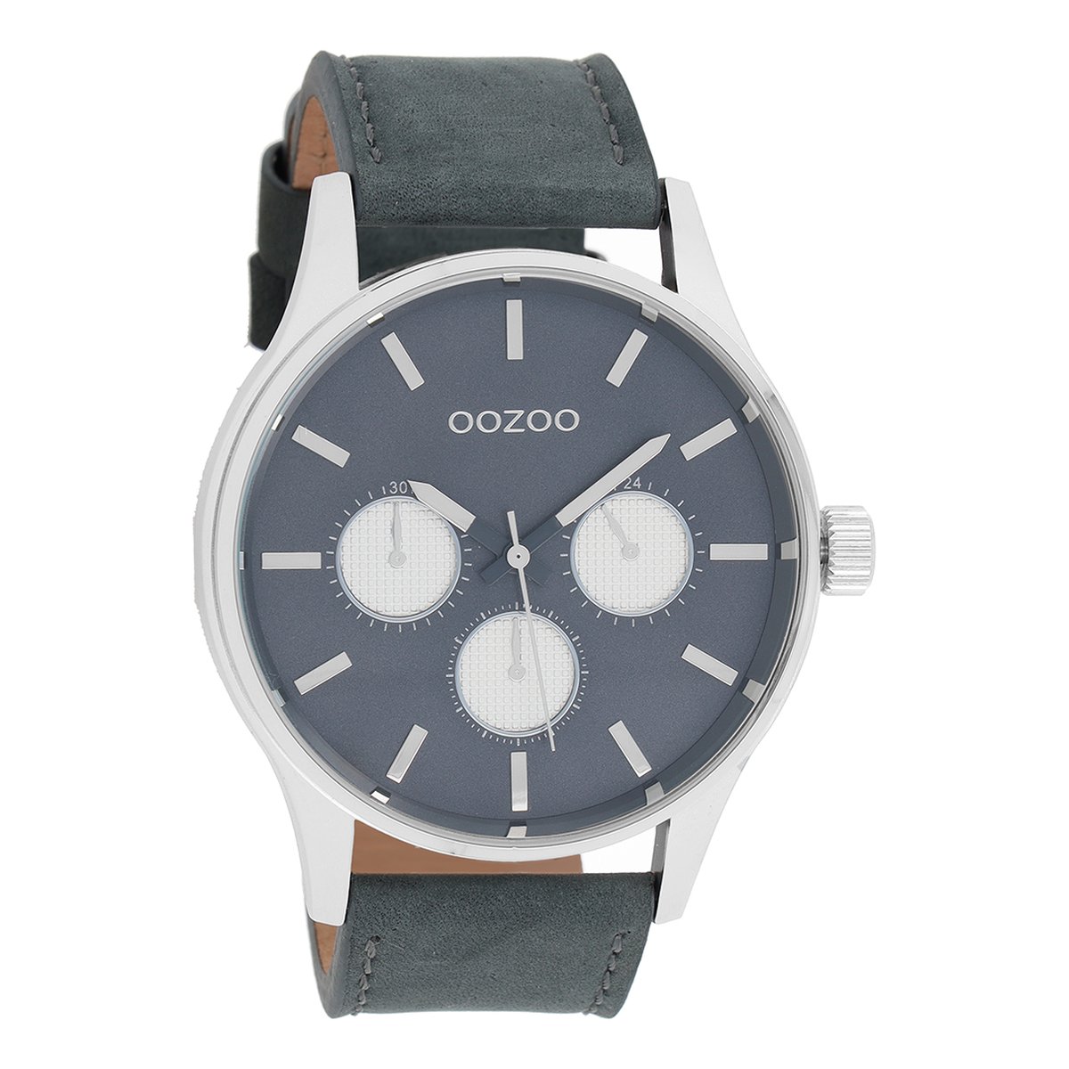 OOZOO Timepieces - Zilverkleurige horloge met donker blauwe leren band - C10048