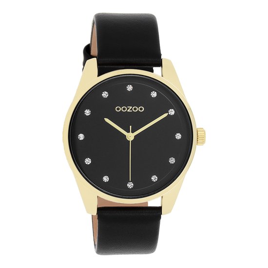 OOZOO Timepieces - Goudkleurige horloge met zwarte leren band - C11049