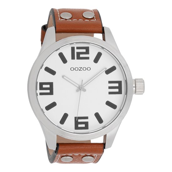 OOZOO Timepieces - Zilverkleurige horloge met cognac leren band - C1001