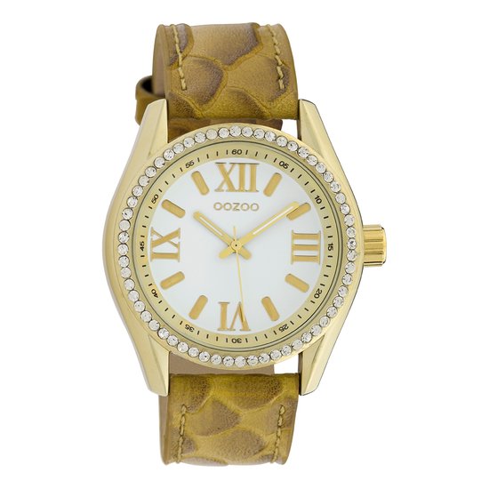 OOZOO Timepieces - Goudkleurige horloge met mosterd gele leren band - C10224