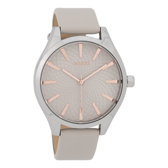 OOZOO Timepieces - Zilverkleurige horloge met licht grijze leren band - C9685