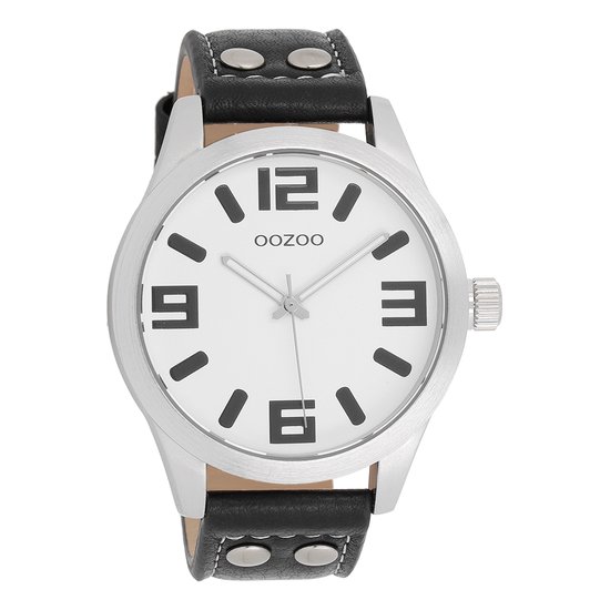 OOZOO Timepieces - Zilverkleurige horloge met zwarte leren band - C1053