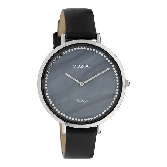 OOZOO Timepieces - Zilverkleurige horloge met zwarte leren band - C9853