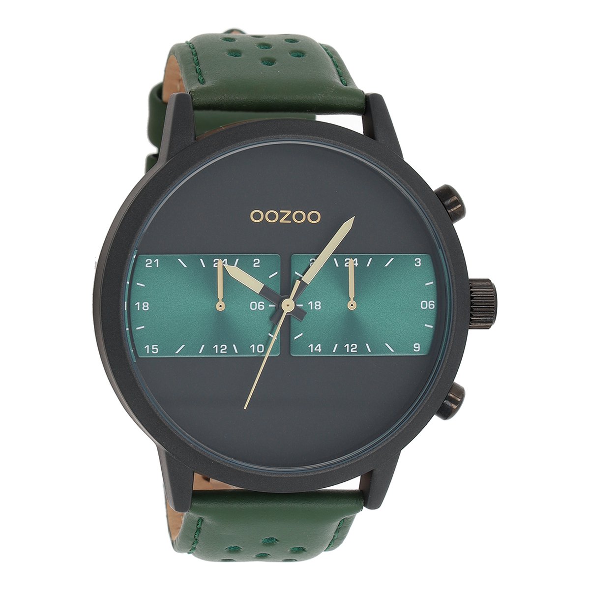 OOZOO Timepieces - Zwarte horloge met groene leren band - C10517