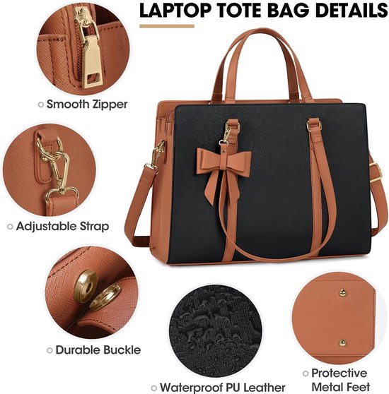 Handtas voor dames, shopper, grote zwarte tas voor dames, laptoptas, 15,6 inch, PU-leer, schoudertas, werktas voor zakelijk, werk, school
