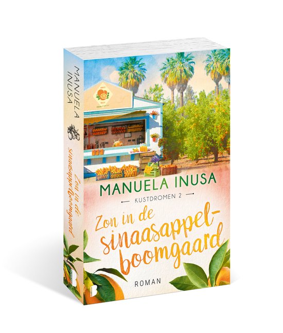Boek 'Zon in de sinaasappelboomgaard' door Manuela Inusa, met een sinaasappelboomgaard op de voorkant.