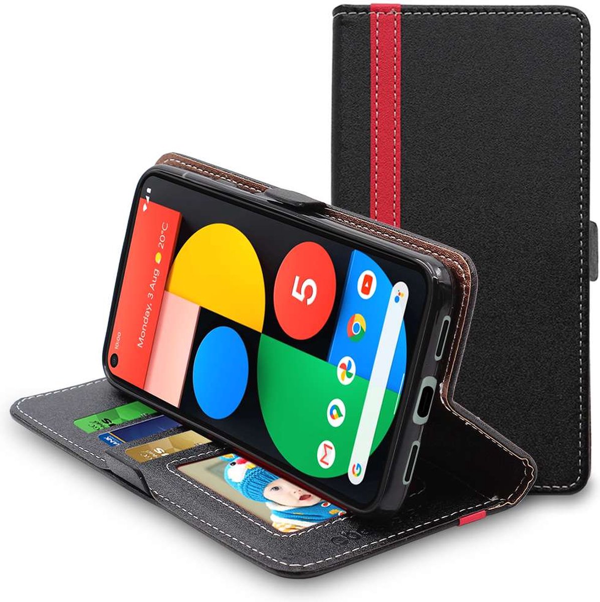 ebestStar - Hoes geschikt voor Google Pixel 5, Wallet Etui, Book case hoesje, Zwart, Rood