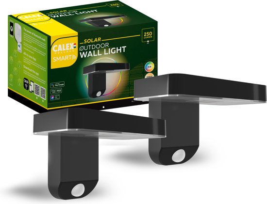 Calex Smart Outdoor Solar Buitenlamp - Slimme Wandlamp - Bediening via Calex App - RGB en Warm Wit - Zwart - 2 Stuks