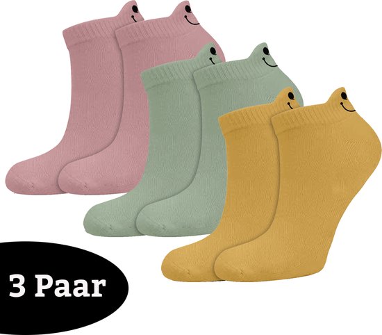 Sokken Trio cadeauset - Grappige Smiley Sneakersokken Roze, Groen & Okergeel voor Heren & Dames - One Size Enkel Sokken - Funny Happy Socks Verjaardag - Geschenkset Vrouwen, Vader, Papa, Moeder, Mama, Vriendin, Zus, Oma - Valentijn Cadeautje