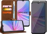 Hoesje geschikt voor Oppo A58 5G / A78 5G - Privacy Screenprotector Volledig Dekkend Glas - Portemonnee Book Case Bruin
