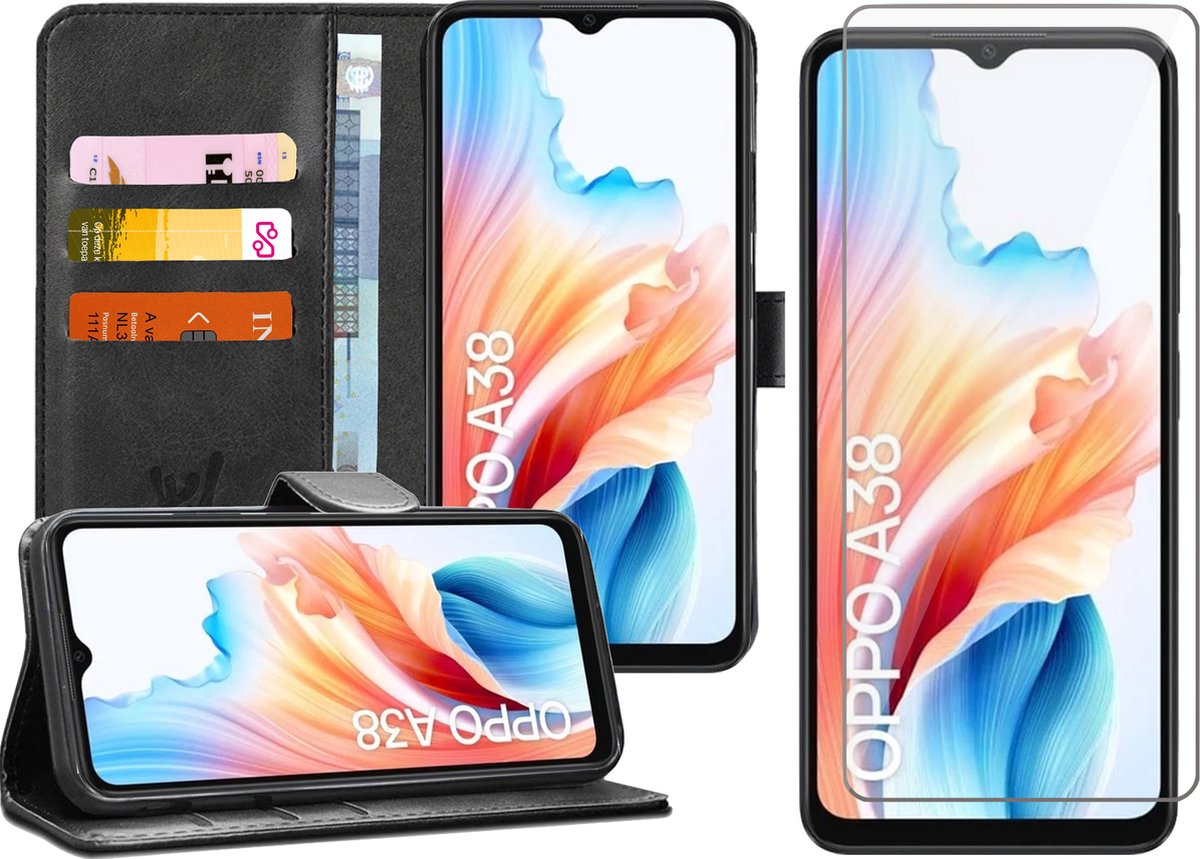Hoesje geschikt voor Oppo A38 4G / A18 - Screenprotector Glas - Portemonnee Book Case Zwart