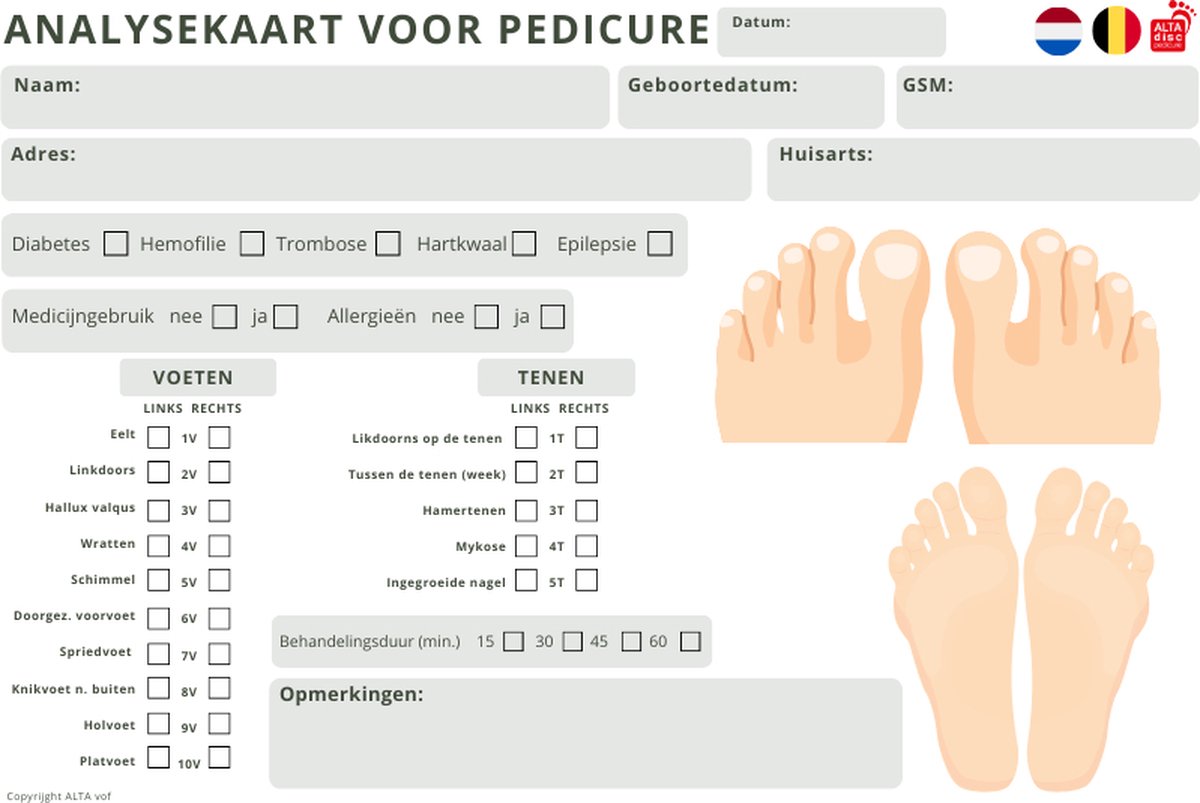 Goedkoopste ALTA NAILS ANALYSEKAART VOOR PEDICURE 100 pc