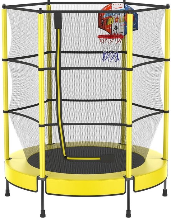 Mini Trampoline - Kinder Trampoline Met Veiligheidsnet - Fitness Trampoline Met Stang – Voor Kinderen – Kleine Trampoline Met Basketball Basket – Peuter & kindertrampoline 145 cm - Indoor & Outdoor