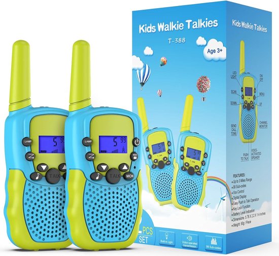 Foto: 2 delig kinder walkie talkies set avontuurlijk speelgoed voor buitenshuis blauw groen draagbare twee weg radio s 3 kanaals communicatie lange bereikafstand met zaklamp en handsfree functie duurzaam en gemakkelijk te gebruiken