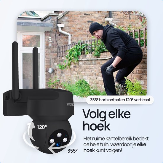 Zwarte Protectly camera met 355 graden horizontaal en 120 graden verticaal draaien. Volgt elke hoek.