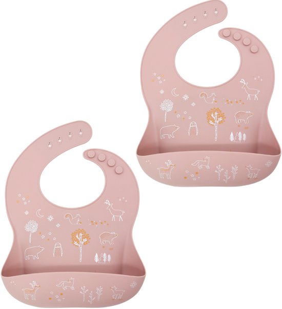 Foto: Silicone slabber met print poeder roze waterdicht baby vanaf 6 maanden met opvangbakje slab bib 2 stuks