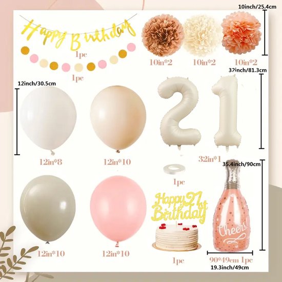 Gouden 'Happy Birthday' banner, crêpepapier pompons in bruin en crème, en ballonnen in wit, beige, grijs en roze. Ook een champagnefles folieballon en '21' cijferballonnen.