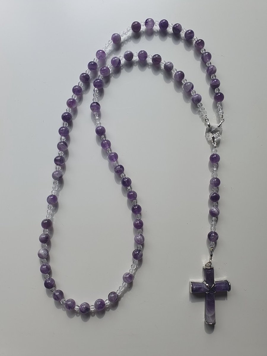 Rozenkrans, Paternoster geheel gemaakt met Amethist (halfedelsteen) en o.a. kristallen van Swarovski , met een kruis van Amethist (gebedssnoer, kruisteken, Meditatie, spiritueel, geloof, geloofsteken, Cadeau, ketting, gebedsketting, kerstpakket.