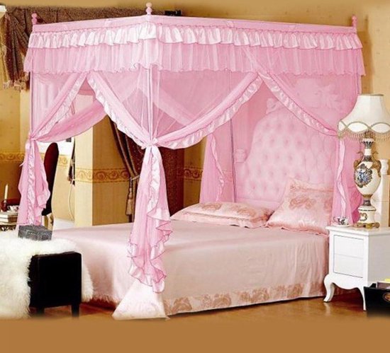 HUOQOU Prinsessen Hemelbed met Ruches Vierkant Klamboe met 4 Openingen Dubbel Laags Muskietennet voor Meisjeskamer Romantisch Zacht en Ademend(roze /wit,2Wx2,2Lx2,1H(M