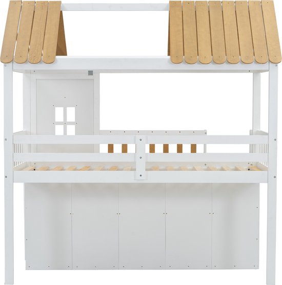 Sweiko Lit enfant, Espace de rangement spacieux, Avec armoire, Fenêtres, Structure en pin, Meuble à chaussures, Escalier de sécurité, lit en bois, main courante robuste, design minimaliste, Wit+ Natural, 90x200cm (Geen de matelas)