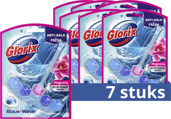 Foto: Glorix actief blauw water toiletblok magnolia met actief blauw water en 3x meer anti kalkwerking 7 stuks