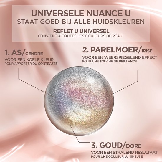 Een parelmoeren bol met gouden, roze en blauwe reflecties, die drie nuances vertegenwoordigt: as, parelmoer en goud.