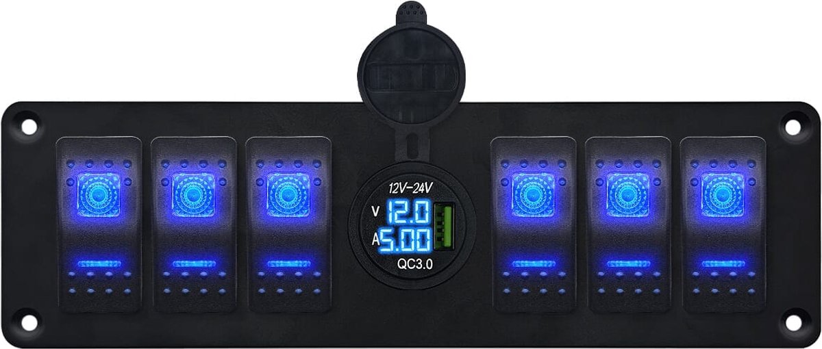 ProRide Schakelpaneel 12V voor Auto/Boot - USB Stopcontact met Voltmeter/Ampèremeter - QC3.0 - 6 schakelaars