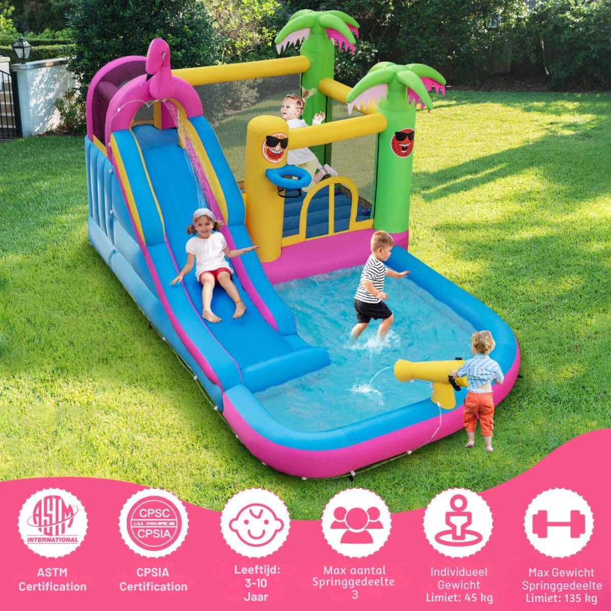 Springkasteel met ventilator, droog-/waterglijbaan, waterpark voor kinderen, outdoor, indoor, waterspringkasteel, tuin, XXL, met klimwand, trampoline, basketbalmand, houdt tot 4 kinderen/140 kg, 425 x