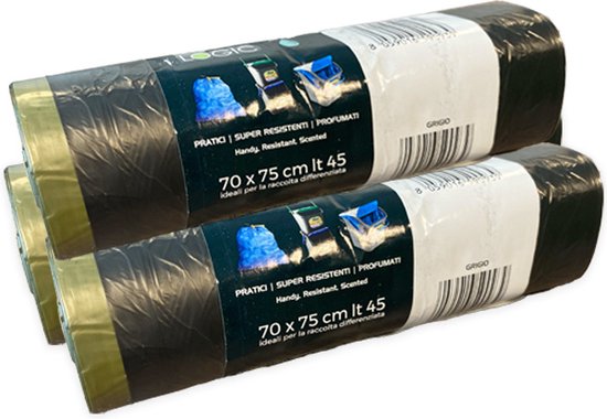 Sacs poubelle parfumés 'Maxi' - 70 x 75 cm - 3 rouleaux - 15 sacs par rouleau - Sacs à cordon - Grijs