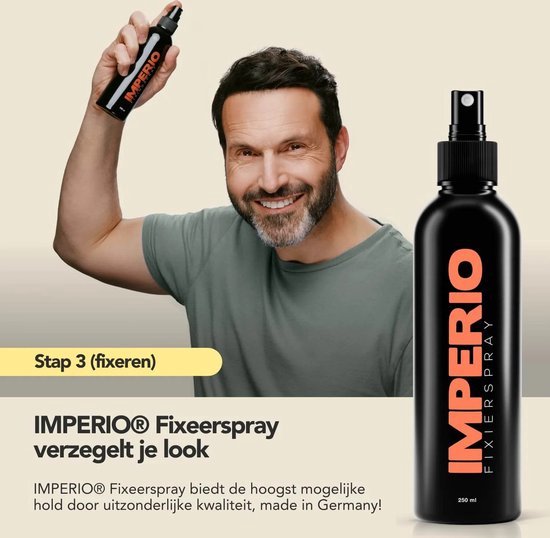 Stap 3 (fixeren) IMPERIO® Fixeerspray. Een man houdt de fles vast, glimlachend.