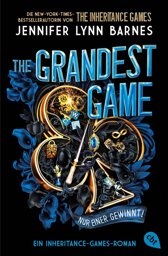 Boekomslag voor 'The Grandest Game' van Jennifer Lynn Barnes, met een gouden klaverblad-symbool, juwelen en tandwielen.