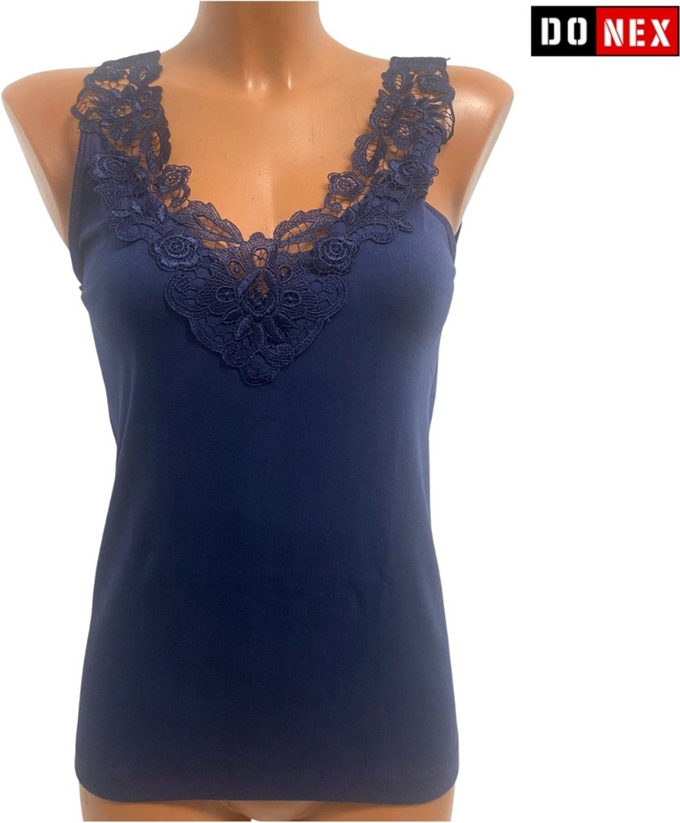 2 Pack dames hemd met KANT - 100% katoen - Marineblauw - Maat XL