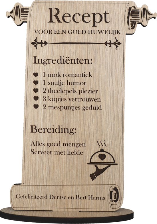 Recept huwelijk - kaart van hout - houten wenskaart - huwelijkscadeau Mr Mrs - 17.5 x 25 cm