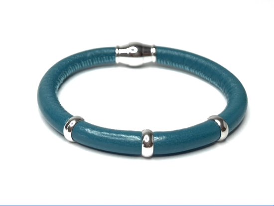 NIEUW! - Jolla - dames armband zilver - leer - magneetsluiting - bedels - Single Silver - Turquoise