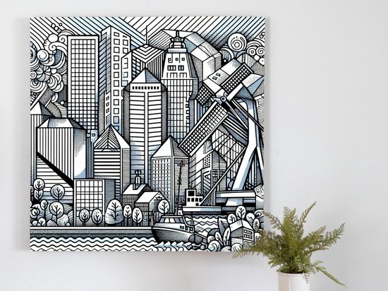 Doodle rotterdam schilderij | Rotterdamse lappendeken van creativiteit en verbeeldingskracht: Stadsgekriebel in kunst | Kunst - 100x100 centimeter op Canvas | Foto op Canvas