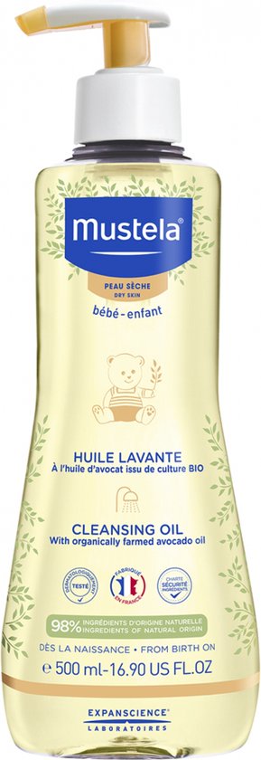 Mustela reinigingsolie voor de droge huid van baby en kind, 500 ml, met biologische avocado-olie.