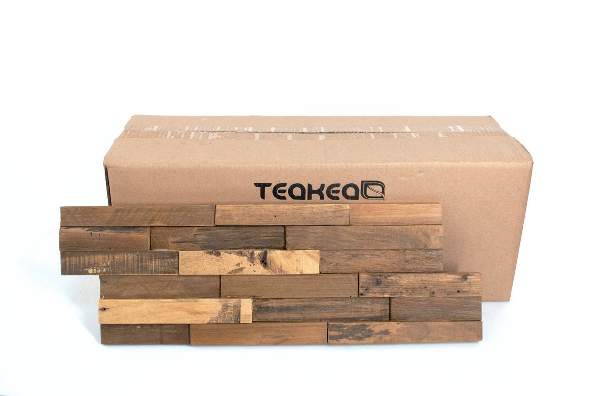 Teakea - Rustiek Teak Plakhout - 10 Panelen per Doos - 3D Wandpanelen Houtstrips 1 m²