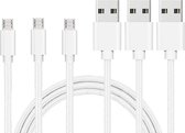 3x Micro USB naar USB A Nylon Gevlochten Kabel Zilver Wit - 1 meter - Oplaadkabel voor Realme 5i (6,52" 2020) / C3 (6,5" 2020) / C11 (6,5" 2020) / C11 (2021) (6,52" 2021)